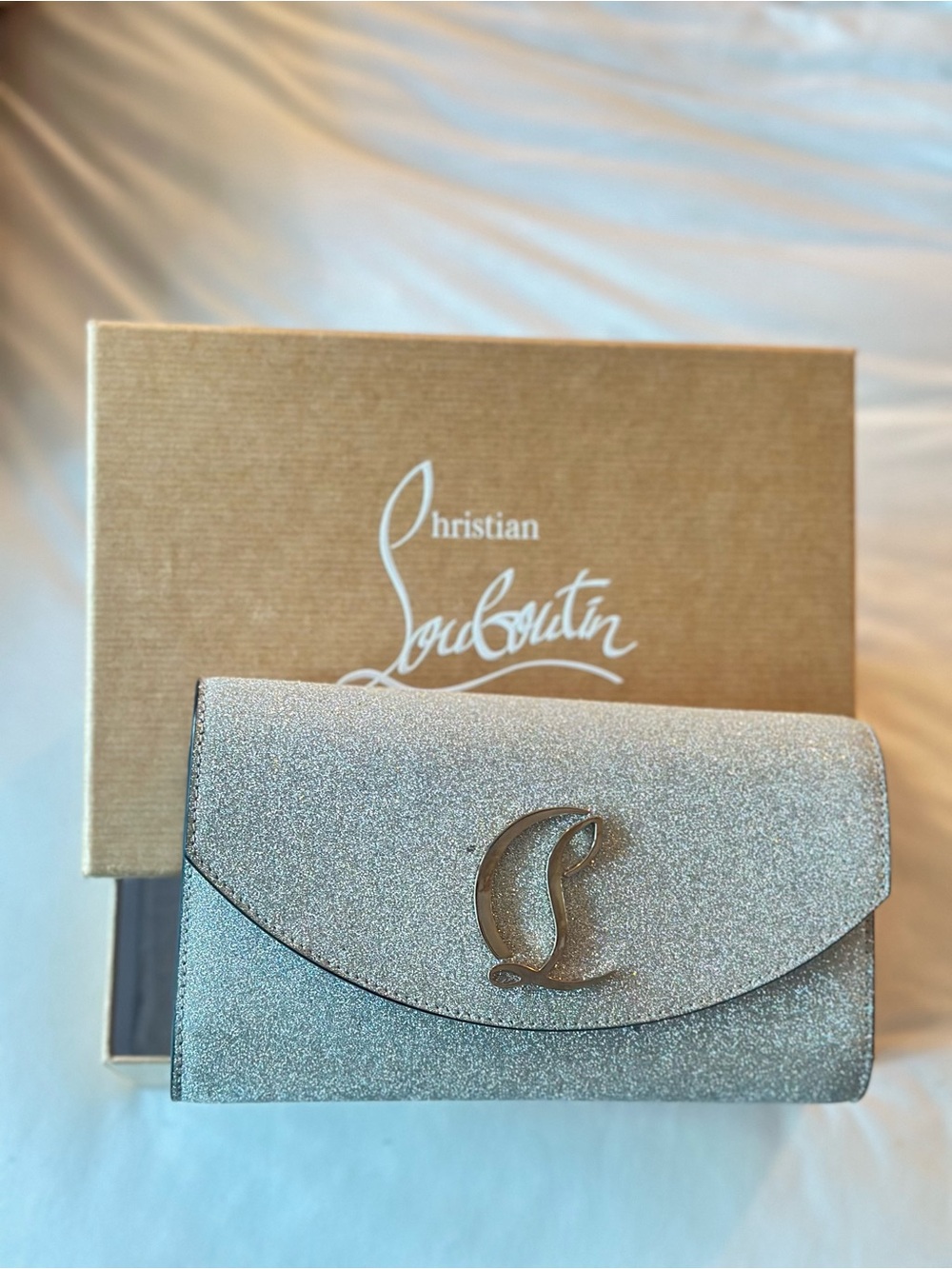 Christian Louboutin Loubi54 Silver Glitter Clutch Chain Bag